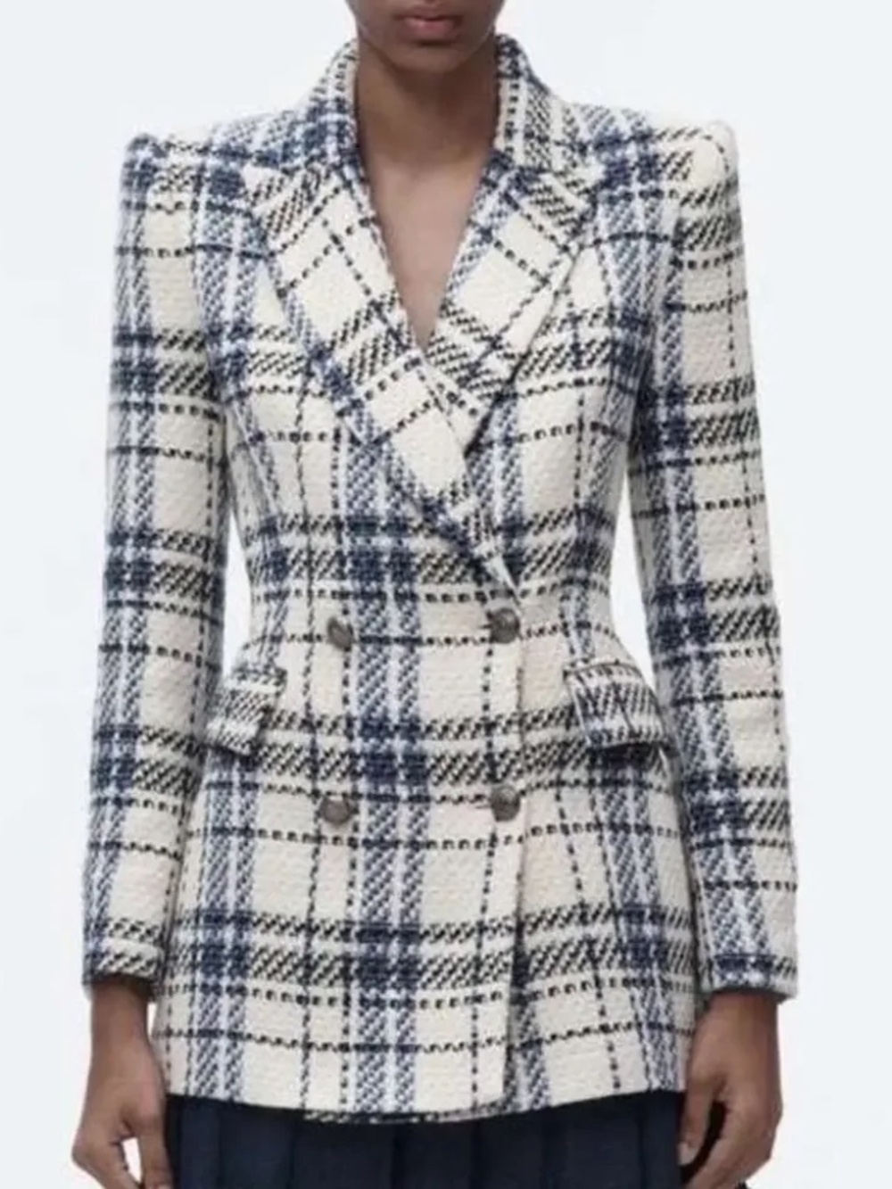 Zara Blogger Blue White Double Breasted Textured Blazer Jacket Size Small